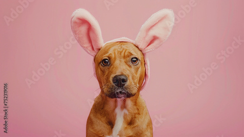 a puppy wearing a bunny hat that says happy.