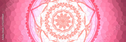 Glossy pink colorful backdrop, glass stained surface illustration with graphic mandala elements, space for text
