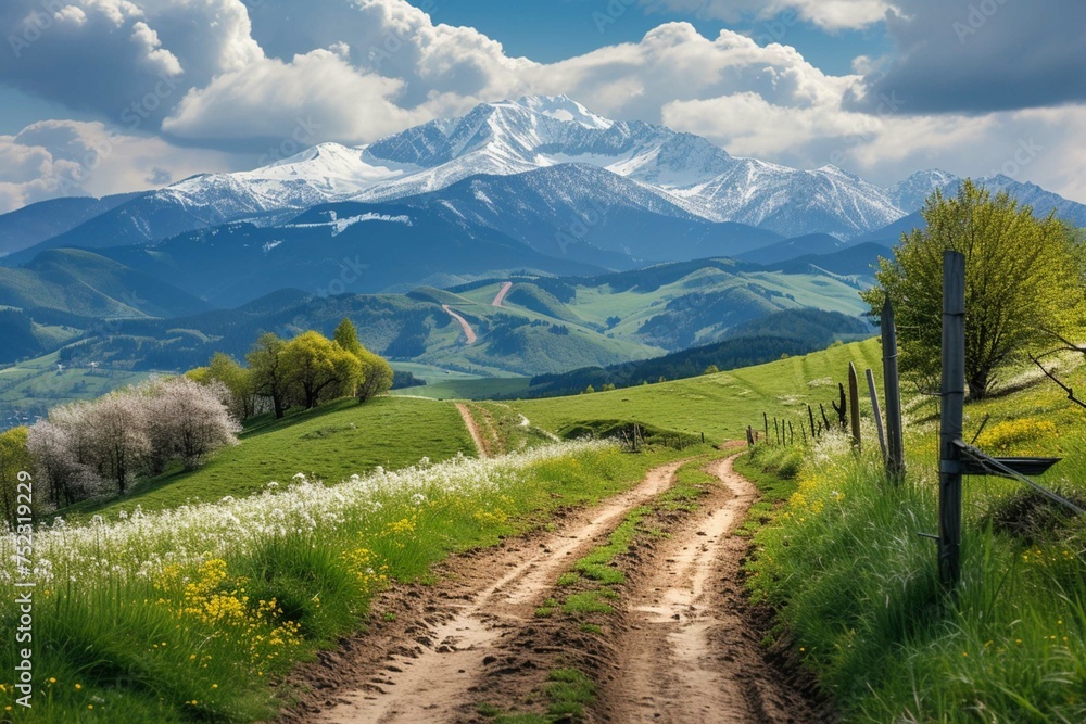 Dirt country road on Svydovets mountain ridge. Panoramic spring view of Carpathian moiuntains with snowy peak on background. Beauty of nature concept background.