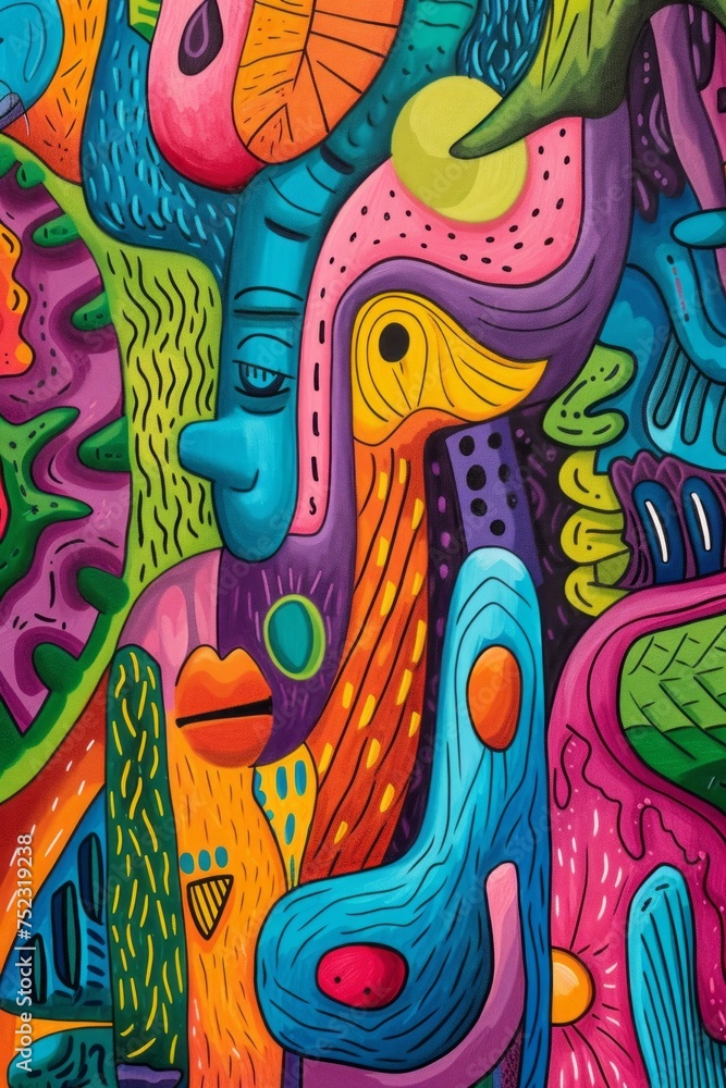 Vibrant caricatures and Mesoamerican influences define the colorful drawing of an abstract background.