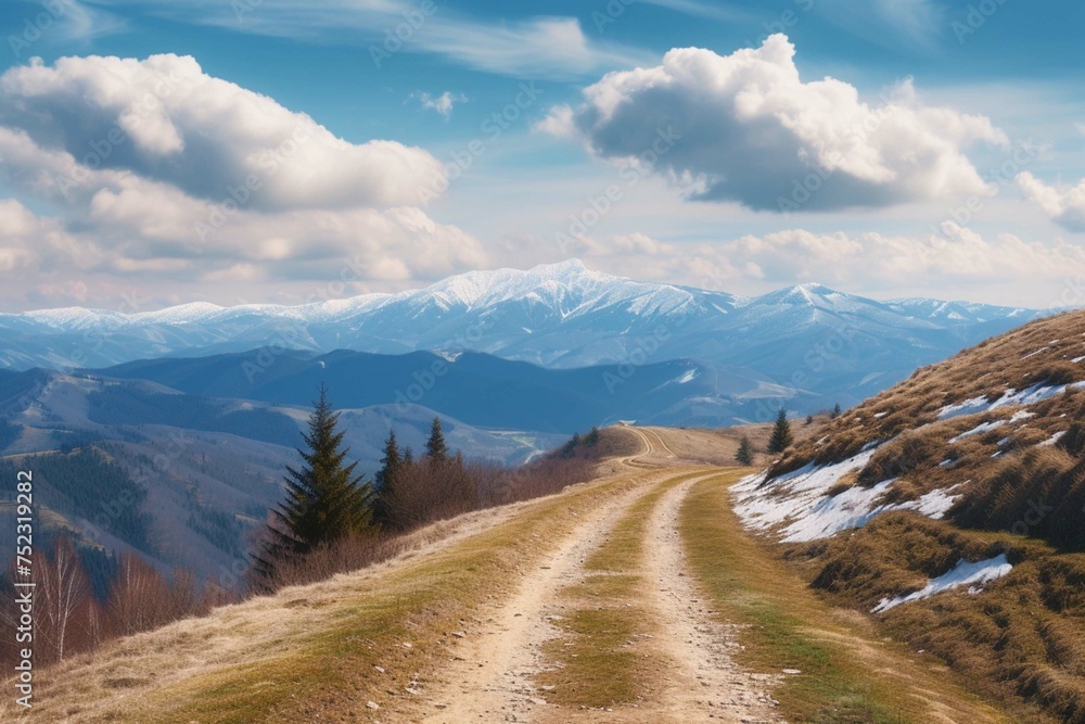 Dirt country road on Svydovets mountain ridge. Panoramic spring view of Carpathian moiuntains with snowy peak on background. Beauty of nature concept background.