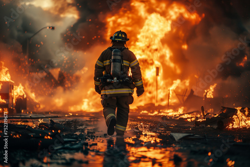 Firefighter extinguishing a large fire