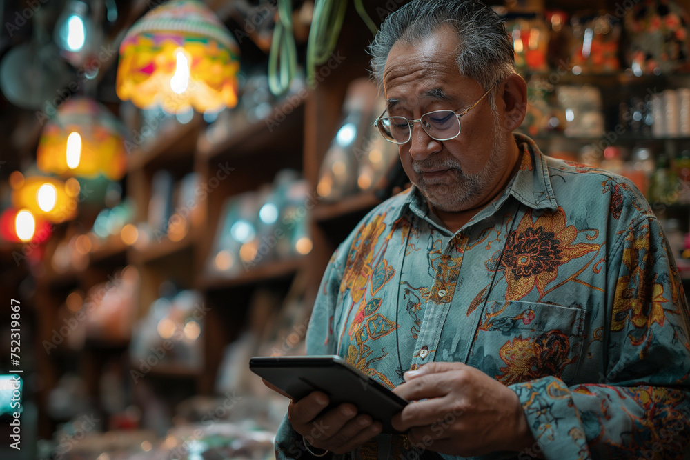 Male gift shop owner with digital tablet