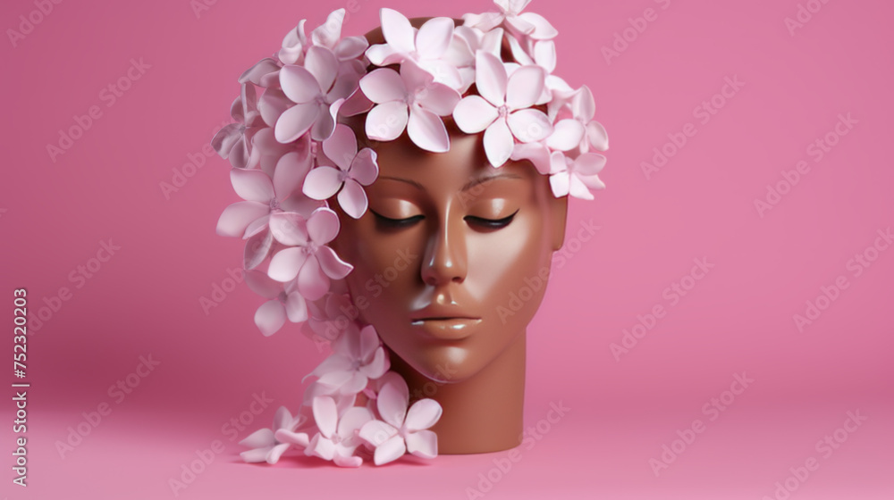 Serene Mannequin Head Adorned with Pink Hydrangeas on a Monochromatic Background
