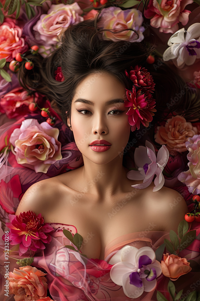 A woman in a pink dress with delicate flowers perched on her head, exuding elegance and grace