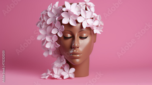 Serene Mannequin Head Adorned with Pink Hydrangeas on a Monochromatic Background