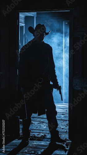 A lone cowboy with a revolver stands in the shadows guarding the entrance with a fierce determination photo