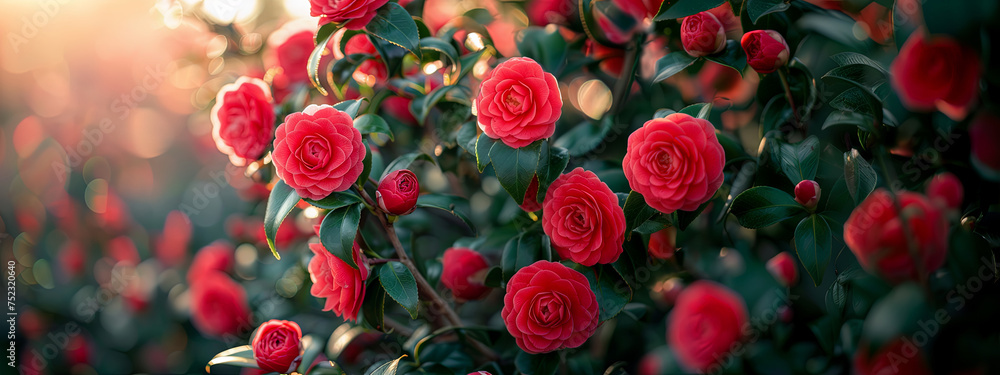 A stunning bush bursting with bright red camellia roses and vibrant green leaves, creating a beautiful and colorful display of natures beauty A stunning bush bursting with bright red camellia roses and vibrant green leaves, creating a beautiful and colorful display of natures beauty