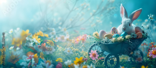 a rustic wheelbarrow overflows with a riot of colorful Easter eggs and vibrant springtime blossoms. Wisps of delicate fog soften the scene