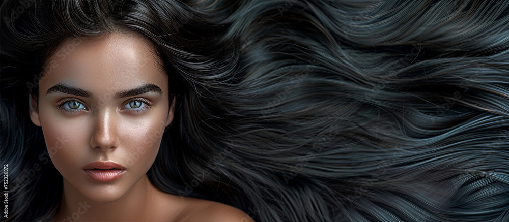 A captivating close-up of a woman showcasing her long, flowing hair A captivating close-up of a woman showcasing her long, flowing hair