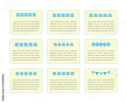 A set of editing templates in a minimalist style. Title frame designs in various shapes. Title frames are in the shape of a flag, square, garland, circle, diamond, label, or tag.