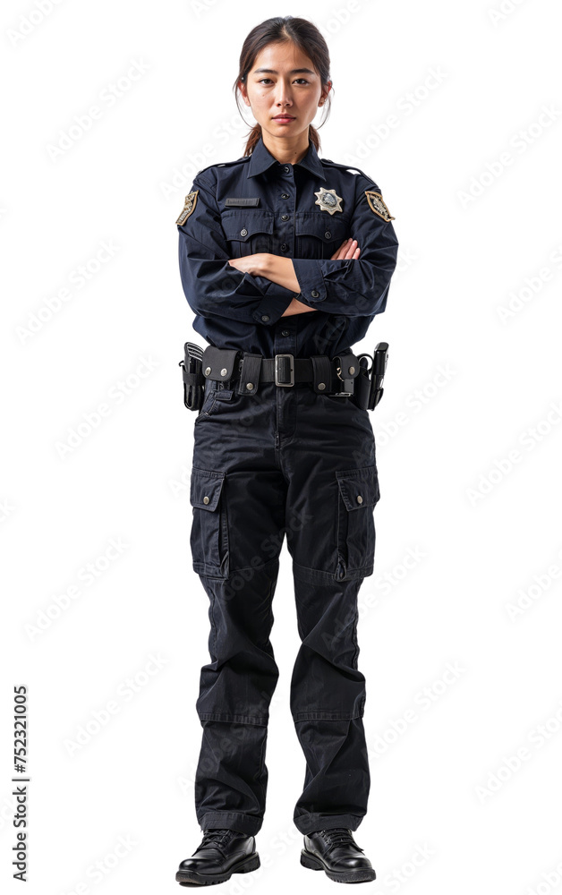 Police officer portrait of a woman in uniform isolated on white, transparent, PNG