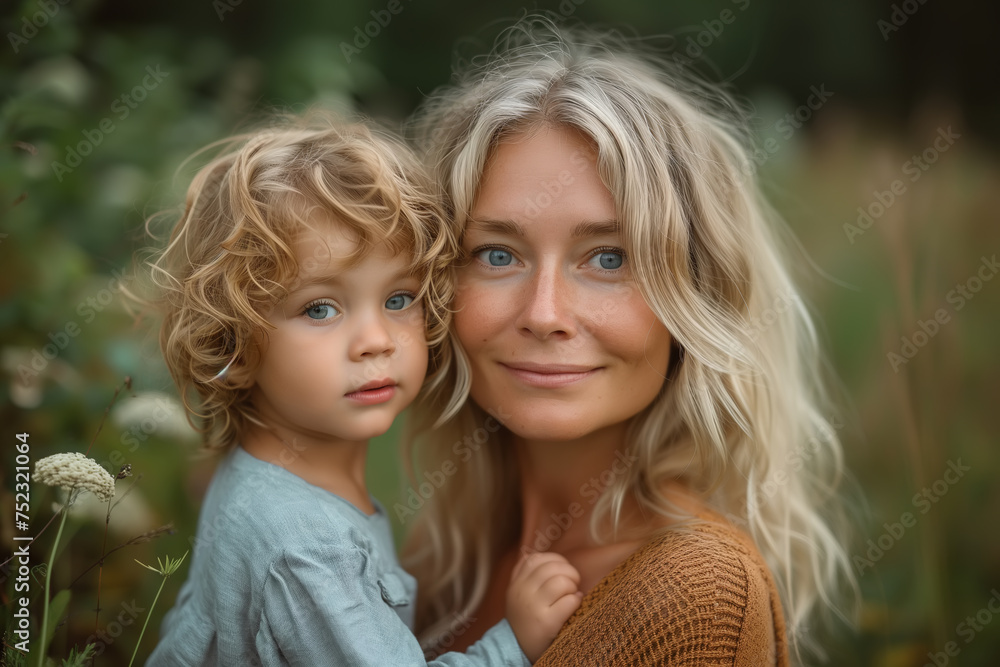 Authentic family, beautiful blonde mother together with her child outdoors, Caucasian mom and little boy in nature and looking at the camera. Motherhood, parenthood