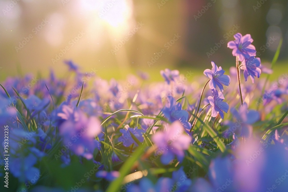 flowers in spring meadow. Picturesque morning scene of forest glade in April with violet tiny flowers. Beautiful floral background. Anamorphic macro photography - obrazy, fototapety, plakaty 