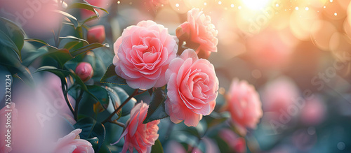 A cluster of delicate pink camellia roses in full bloom showcases natures elegance and beauty