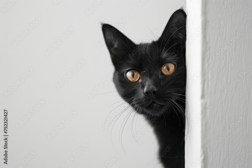 A mischievous black cat peeks out from behind a weathered stone wall, its bright eyes surveying the world beyond