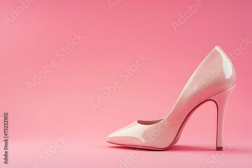 a pair of elegant high heel shoes on a pink background, positioned to showcase fashion and elegance, with space for advertisement 