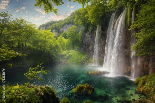 A majestic waterfall cascading into a crystal-clear lake surrounded by lush, ancient forests, captured in the soft light of dawn on Earth Day.