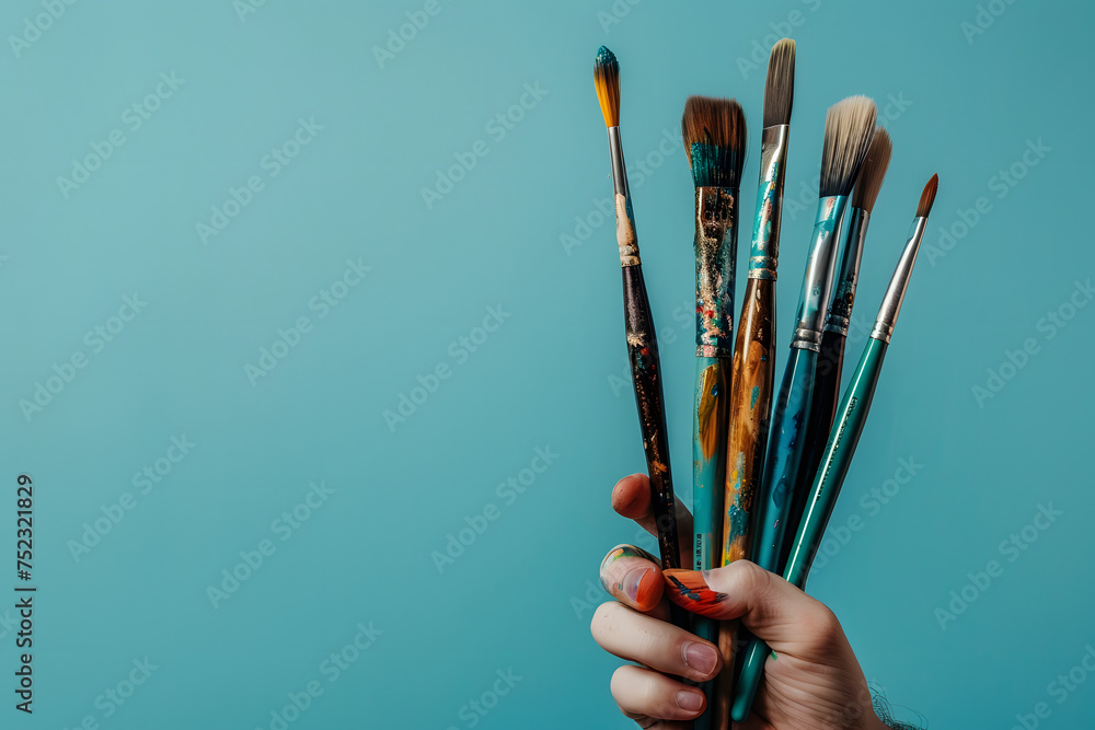 artist holding paintbrushes, isolated on a soft blue background, capturing creativity and artistry - obrazy, fototapety, plakaty 