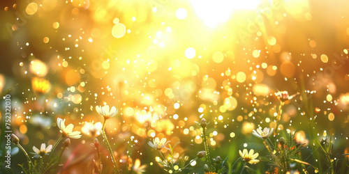 Beautiful Sunlit Field of Daisies With Water Droplets on Grass, Nature Background with Bright Sunshine Through Leaves