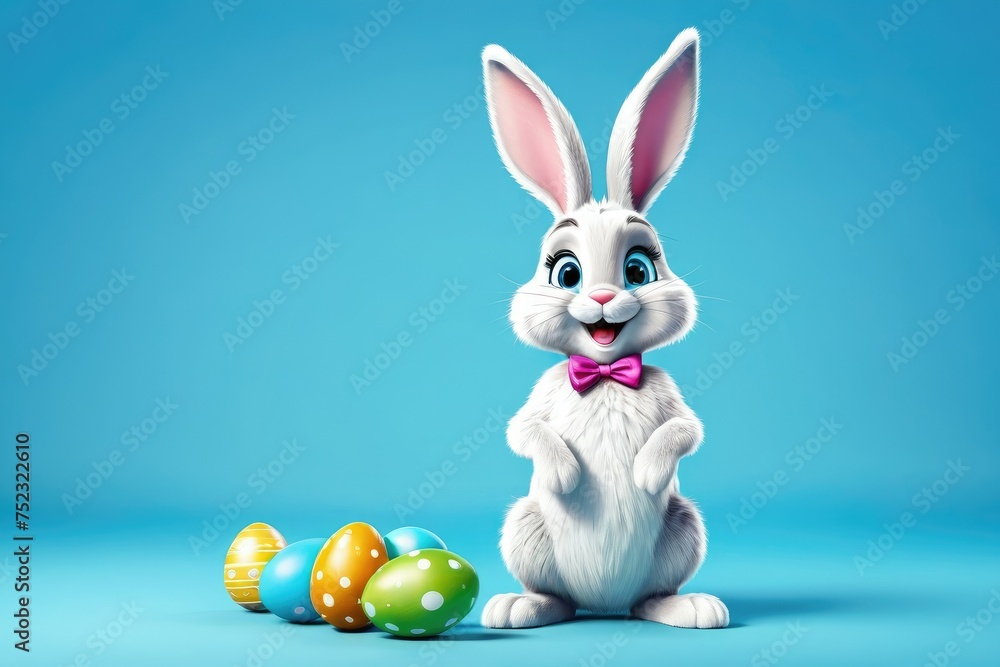 Cartoon Easter bunny, full body, exuding happiness, high-quality stock photo, isolated against a light blue cyan background, vibrant, digital painting, ultra clear Cartoon Easter bunny, full body, exuding happiness, high-quality stock photo, isolated against a light blue cyan background, vibrant, digital painting, ultra clear