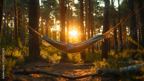 Simple hammock camping in a forest photo