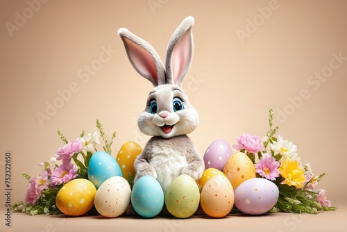 Cartoon Easter bunny full body  grinning  pastel colors  isolated on sepia brown background  high-key lighting  stock photograph style  Easter-themed props like painted eggs and pastel flowers