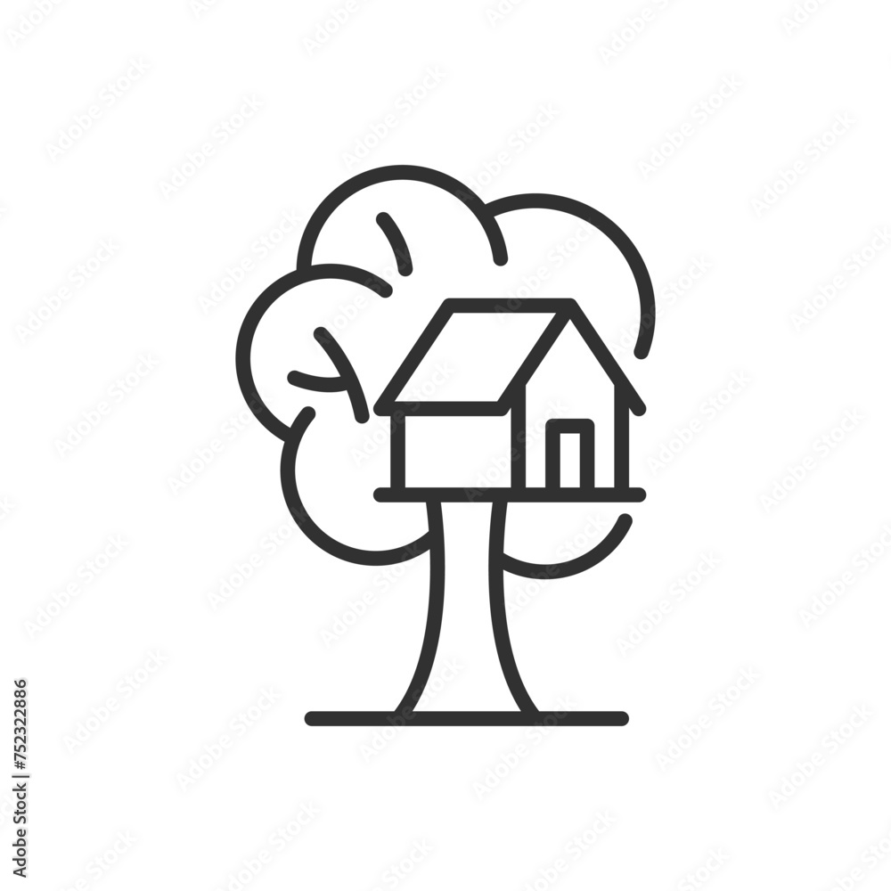 Tree house, linear icon, building built on a tree. Line with editable stroke