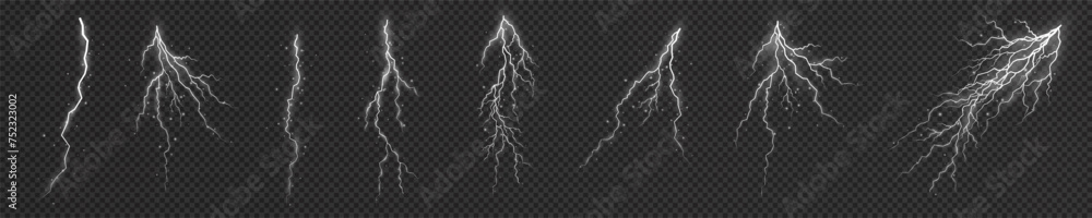 Lightning. Thunder storm realistic lightning. Bright light effects. Lightning bolt set Magic and bright light effects. Vector illustration - obrazy, fototapety, plakaty 
