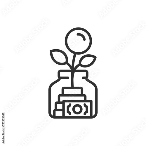 Financial savings and increasing income, linear icon. Investing. A jar with a sprout. Line with editable stroke