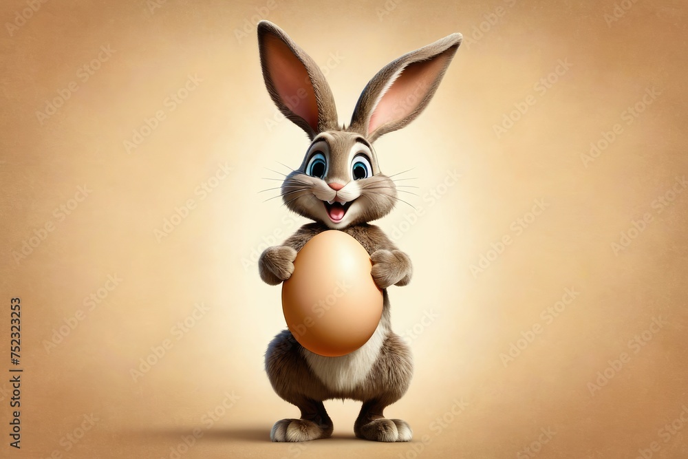 Happy cartoon Easter bunny in full body, stock photograph quality, isolated against a sepia brown backdrop, capturing joy, displaying oversized ears, huge front teeth, clutching a pastel-colored egg Happy cartoon Easter bunny in full body, stock photograph quality, isolated against a sepia brown backdrop, capturing joy, displaying oversized ears, huge front teeth, clutching a pastel-colored egg