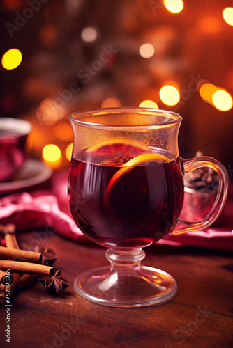Warm Spiced Mulled Wine in Glass with Blurry Bokeh LightsBackground.