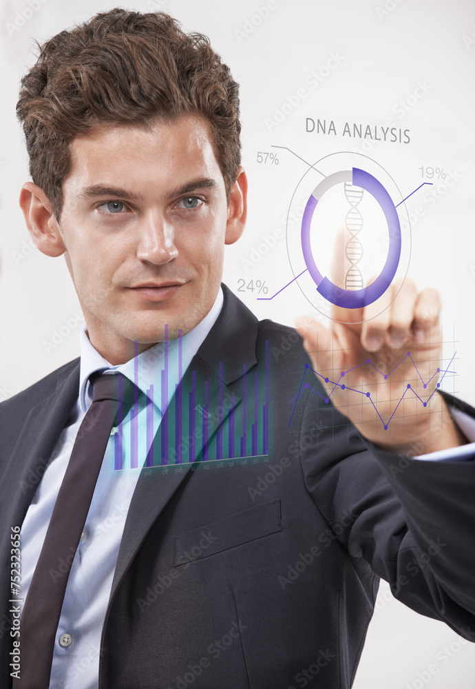 Future, hologram and dna analysis with businessman user in studio on white background for research. Digital icon, innovation and interface with young employee in suit to access science metaverse Future, hologram and dna analysis with businessman user in studio on white background for research. Digital icon, innovation and interface with young employee in suit to access science metaverse