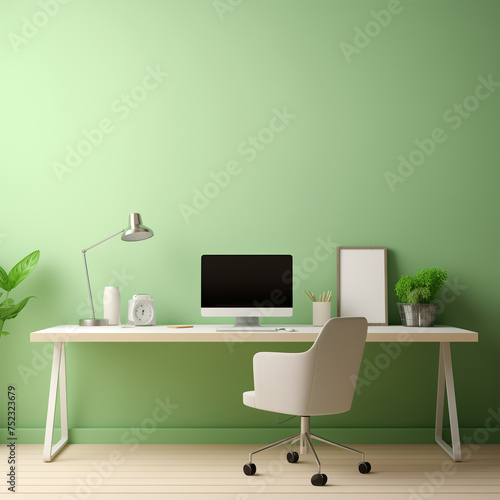 Modern Home Office Interior with Elegant Desk Setup, Green Walls, and Decorative Plants