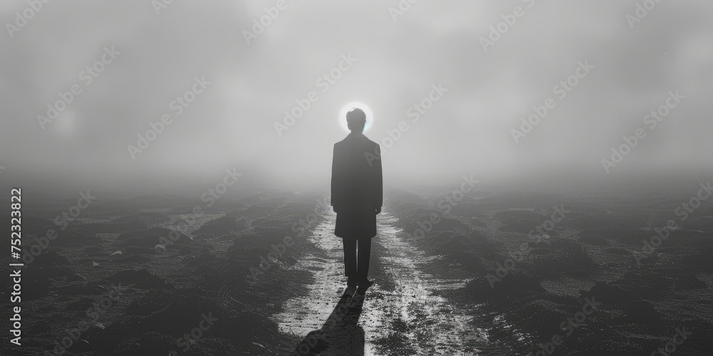 the silhouette of the backside of a man, the man is standing at the start of a long road the stretches out to the horizon.