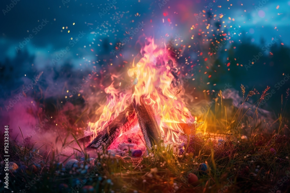 A Vibrant Easter Bonfire Night Illuminated by Mesmerizing Color Gradients, Celebrating the Joy and Warmth of the Season