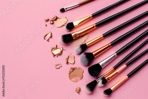 makeup artist with brushes and palette, isolated on a rose gold background, symbolizing beauty and art 