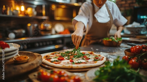Female Chef Preparing Pizza in Kitchen, Restaurant Professional 