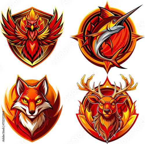 Animal Logo Vector Designs Set, Mascot Concepts, Phoenix, Swordfish, Red Fox, Reindeer