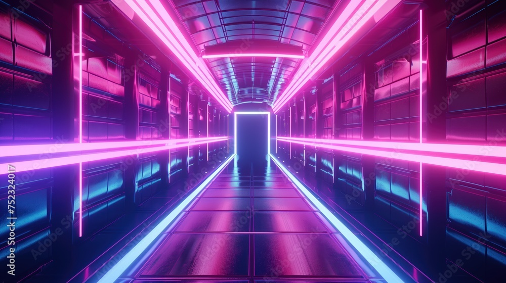 Futuristic Neon-Lit Corridor in Pink and Blue, A perspective view of a corridor illuminated with vibrant pink and blue neon lights, evoking a futuristic or cyberpunk ambiance.