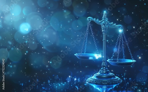 Illuminated Scales of Justice on Blue Bokeh Background, Digital illustration of glowing Scales of Justice symbolizing law, balance, and fairness on a sparkling blue backdrop.