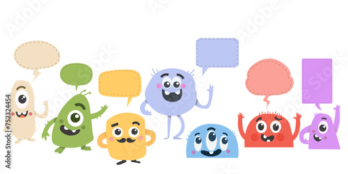 set of cute monsters, kind,happy,soft,positive monsters,vector isolated set with speech bubble.