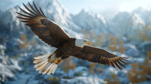 Majestic Bald Eagle in Flight Over Mountains