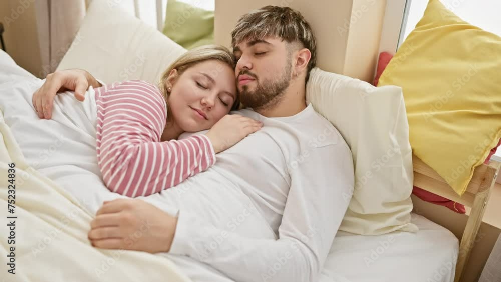 A loving couple peacefully sleeping together in a cozy, well-lit bedroom with white bedding and colorful pillows A loving couple peacefully sleeping together in a cozy, well-lit bedroom with white bedding and colorful pillows