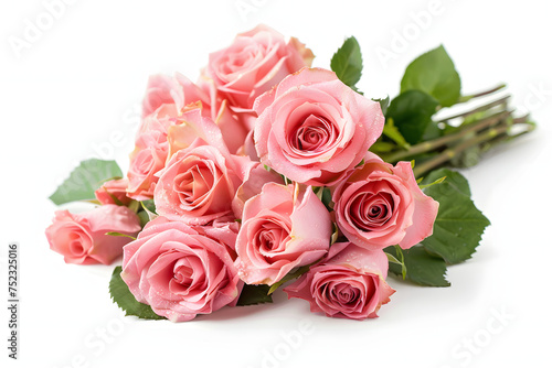 a bouquet of full of red roses and leaves, isolated on white