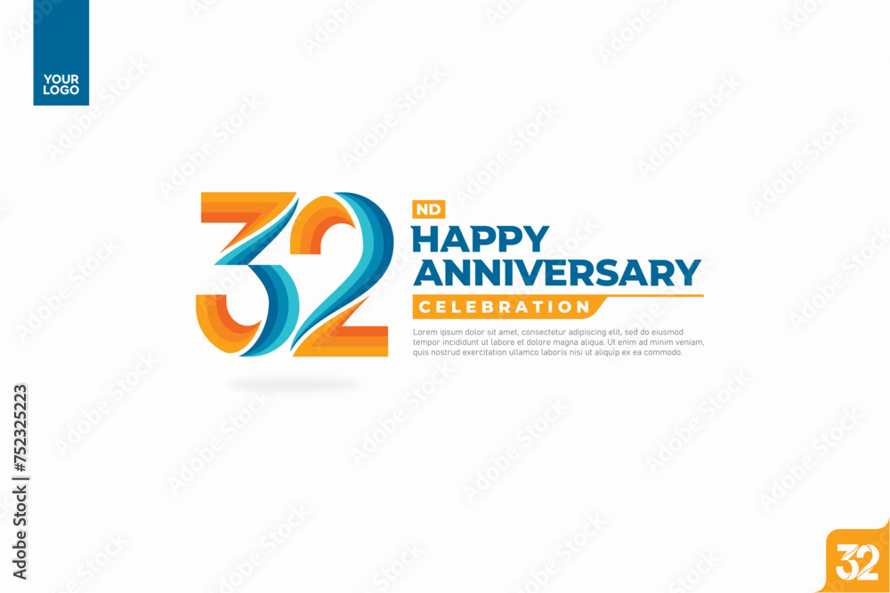 32nd happy anniversary celebration with orange and turquoise gradations on white background. 32nd happy anniversary celebration with orange and turquoise gradations on white background.
