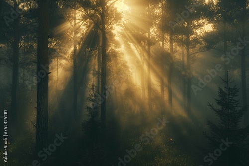 Magical light in misty forest  with the rays of gold sunlight illuminating the fog and vegetation  and the tree trunks silhouettes creating depth