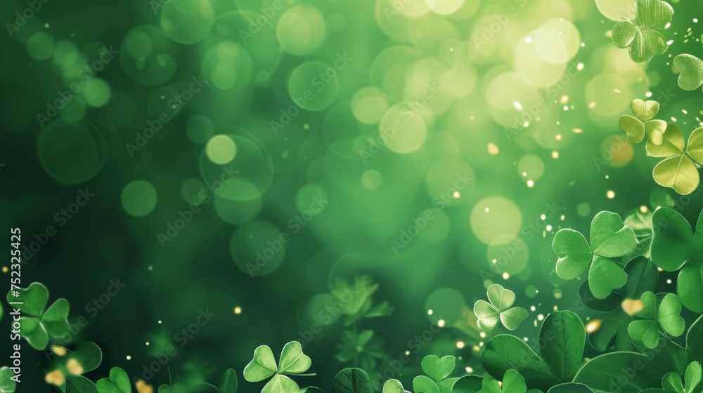 Enchanting backdrop of soft green bokeh with scattered clover leaves, ideal for themes of luck and nature
