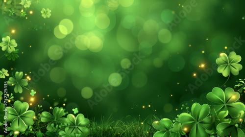 Vibrant green clover field with radiant bokeh light effects, exuding a magical, festive atmosphere