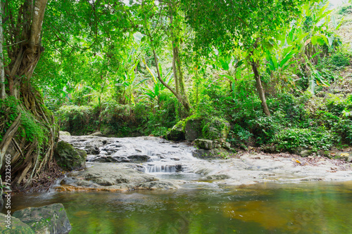 The water stream that flows from Sarika Waterfall Within Khao Yai National Park  Nakhon Nayok  Thailand  water flows throughout the year. And there are trees growing up nearby that look beautiful.